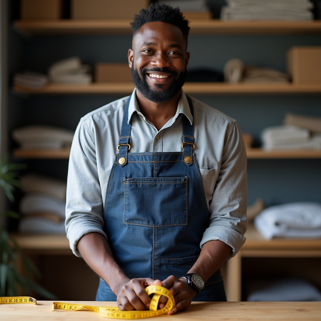 Portrait of Marcus Ihejirika, alterations specialist, holding a measuring tape