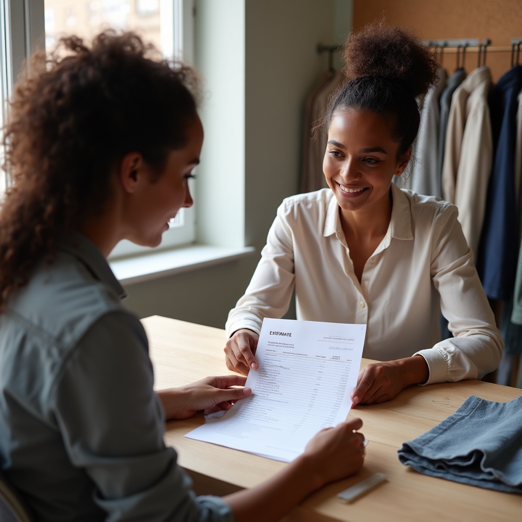 Tailor reviewing a pricing estimate with a client at a studio consultation desk