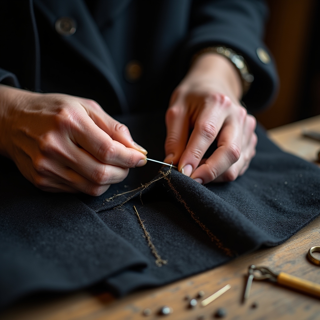 Close up of hands hand-stitching a seam repair on a wool garment