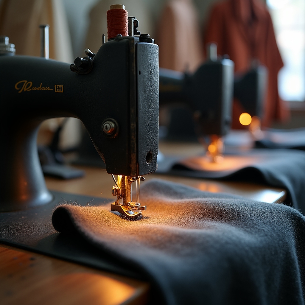Close up of an industrial sewing machine mid-stitch in the workshop