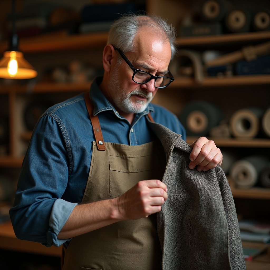 Tailor examining the interior lining of a vintage jacket during restoration
